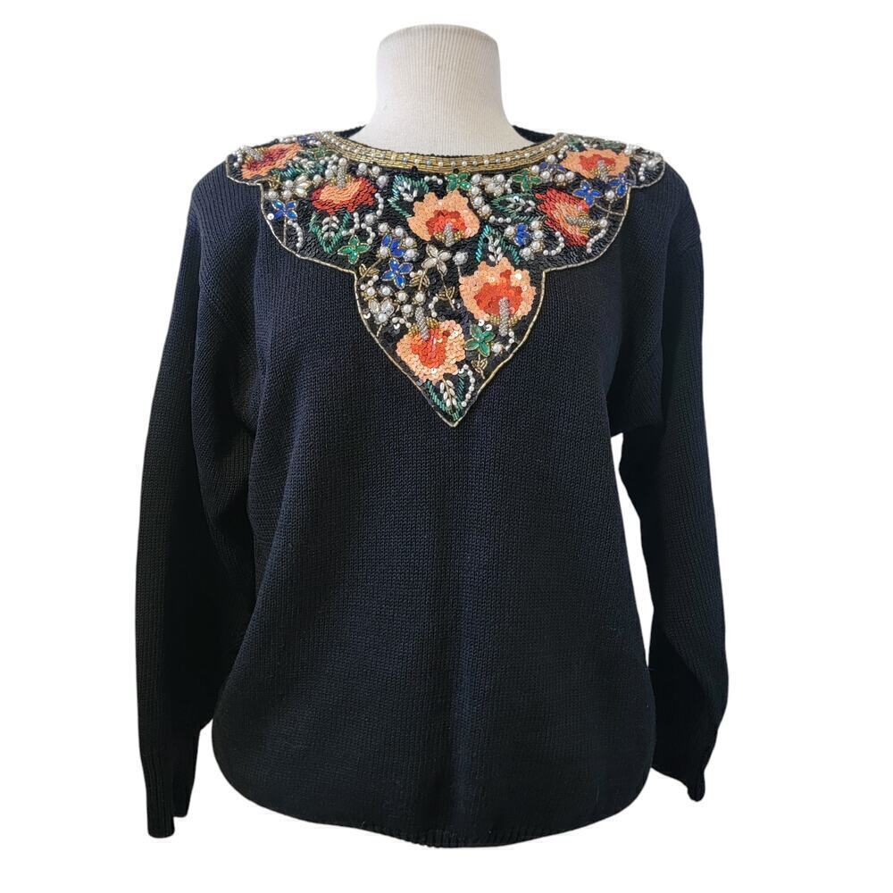 Vintage Victoria Harbour Floral Beaded Long Sleeve Sweater Blouse Womens Size L